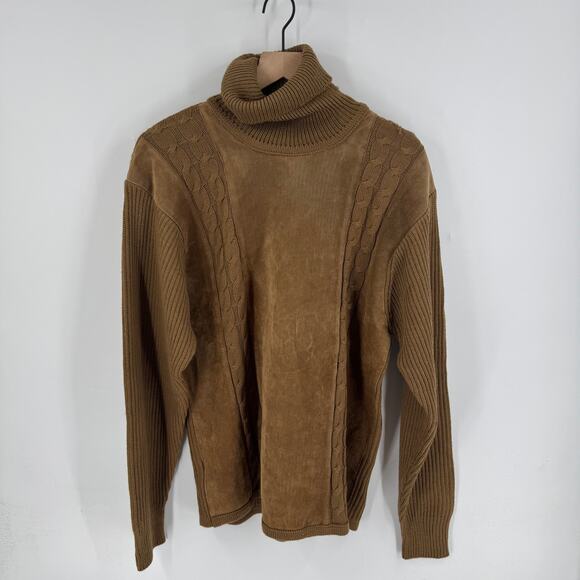 Lorenzino Brown Knit Turtleneck Sweater Suede Leather Trim Cable Knit Size Large - Picture 8 of 8